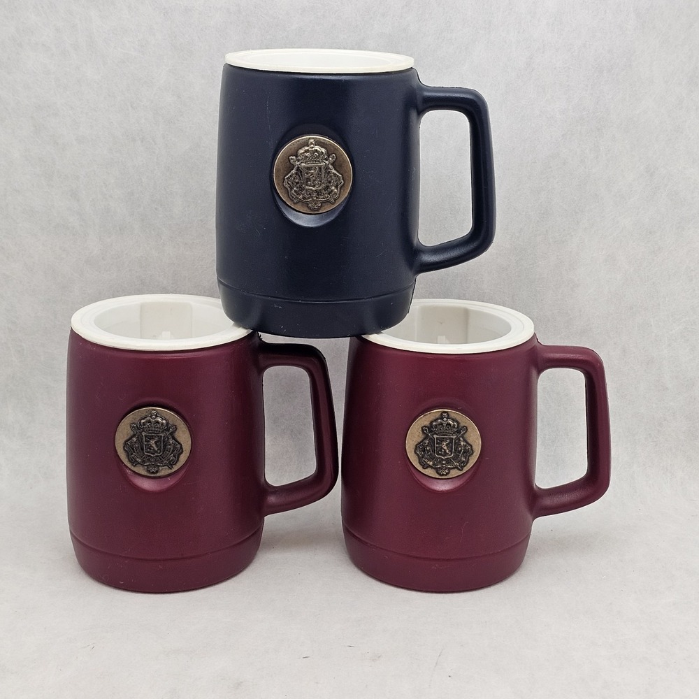 Vintage Lot Of 3 Glacierware Frosty Slush Mugs Burgundy & Navy W Freezer Liners